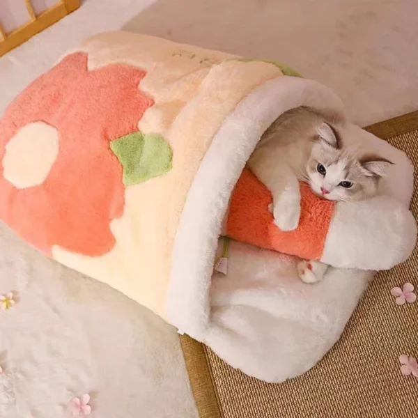 Cat Sleeping Bag with Cherry Blossom Design