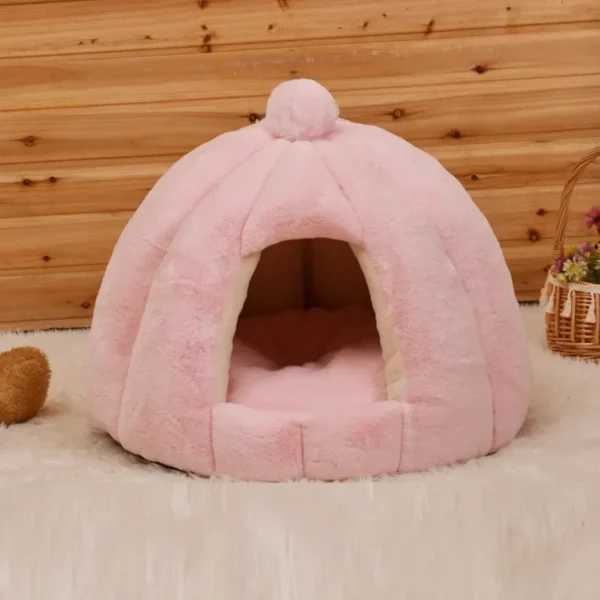 Semi-Closed Cat Bed – Plush Round Kennel with Pom-Pom - Image 9