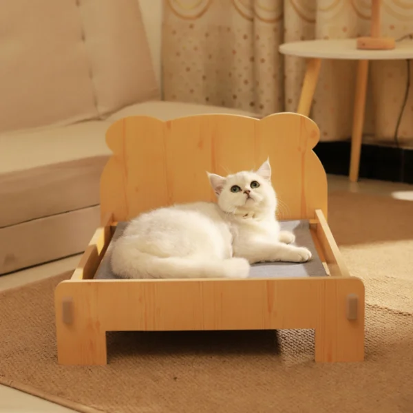 Wooden Cat Bed with Teddy Print Bedding - Image 4