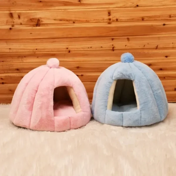 Semi-Closed Cat Bed – Plush Round Kennel with Pom-Pom - Image 3