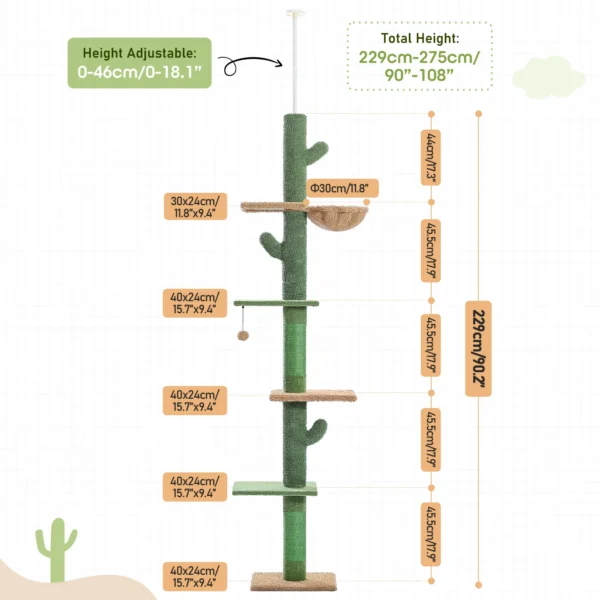 Cactus Cat Tower with Ceiling Rod & 5-Tier Climbing Levels - Image 3