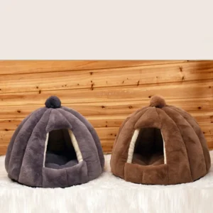 Semi-Closed Cat Bed – Plush Round Kennel with Pom-Pom