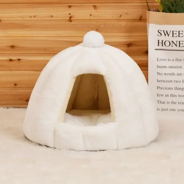 Semi-Closed Cat Bed – Plush Round Kennel with Pom-Pom - Image 5