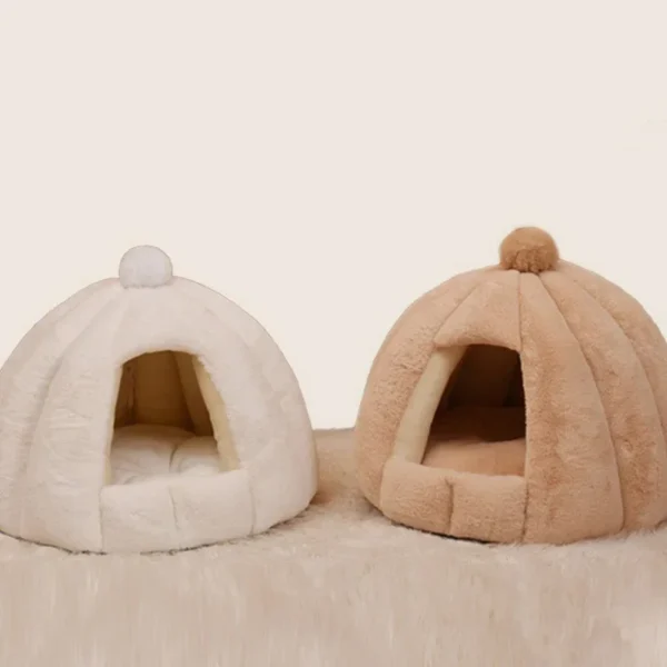Semi-Closed Cat Bed – Plush Round Kennel with Pom-Pom - Image 2