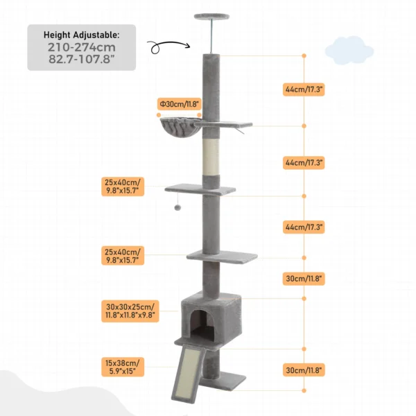 Floor to Ceiling Cat Tree with Adjustable Height & Condo
