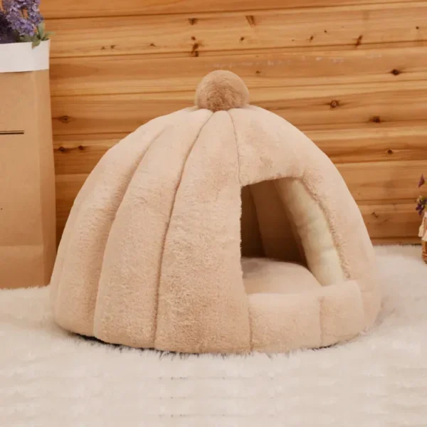 Semi-Closed Cat Bed – Plush Round Kennel with Pom-Pom - Image 6