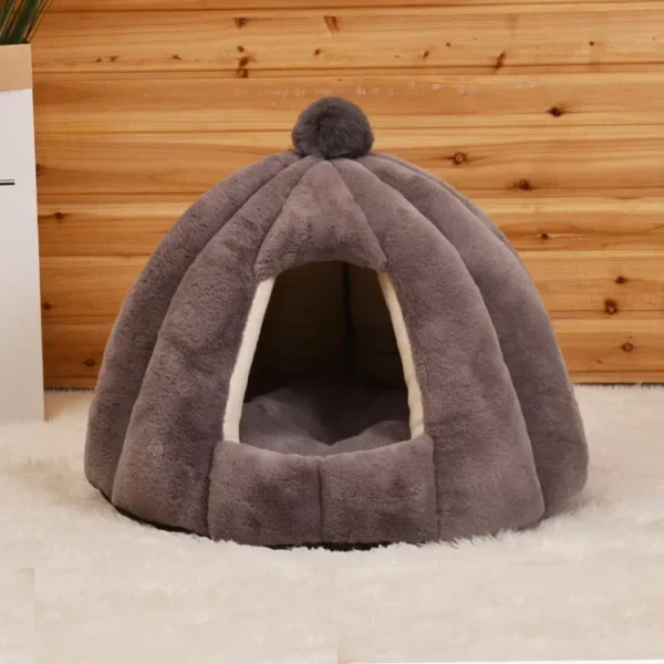 Semi-Closed Cat Bed – Plush Round Kennel with Pom-Pom - Image 7